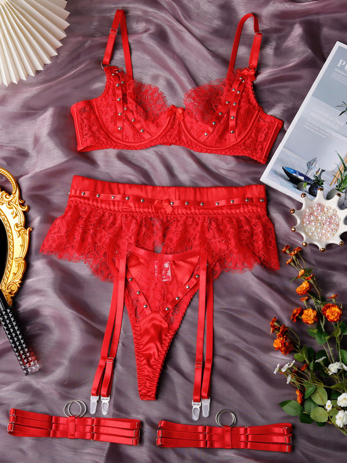Women's Midnight Allure Sexy Lace &amp; Webbing Spliced Lingerie Set